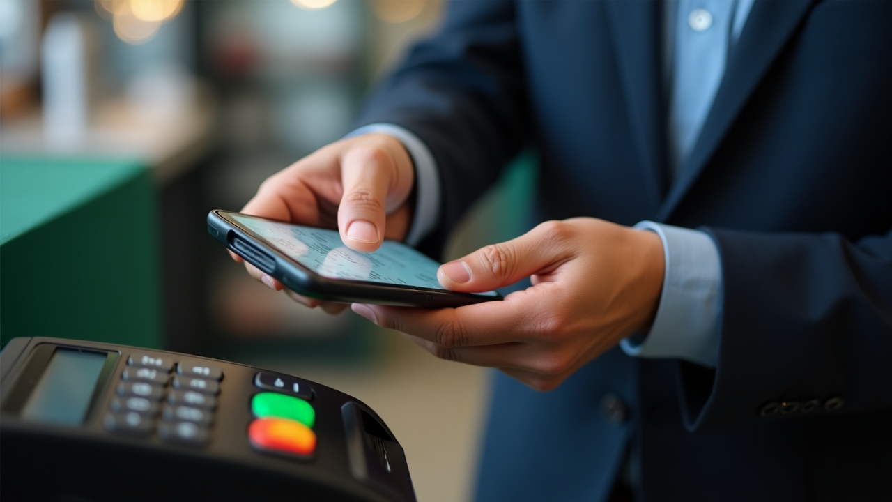Persona realizando un pago sin contacto con smartphone